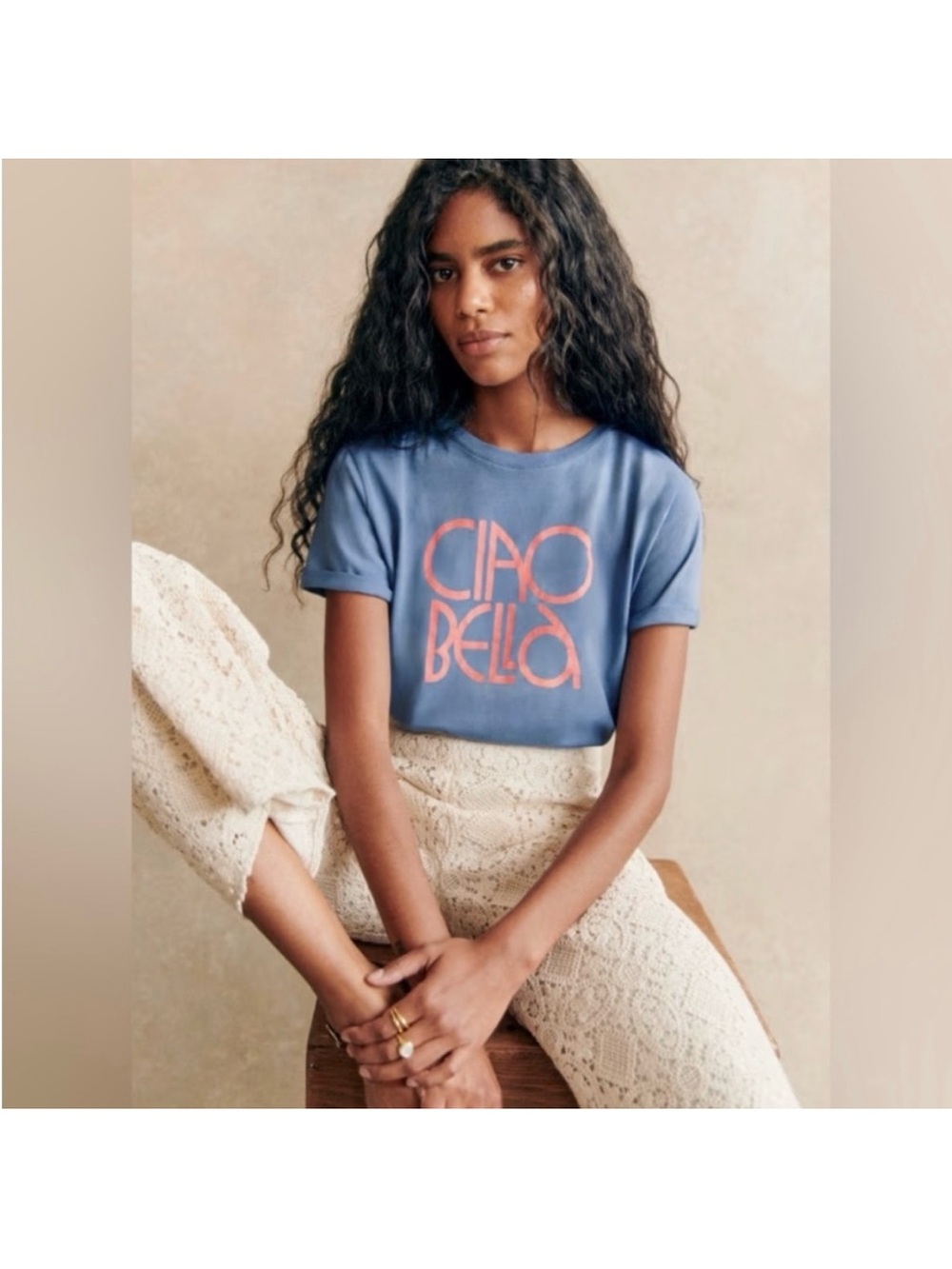 Sézane Ciao Bella T-Shirt in cloud blue and coral
